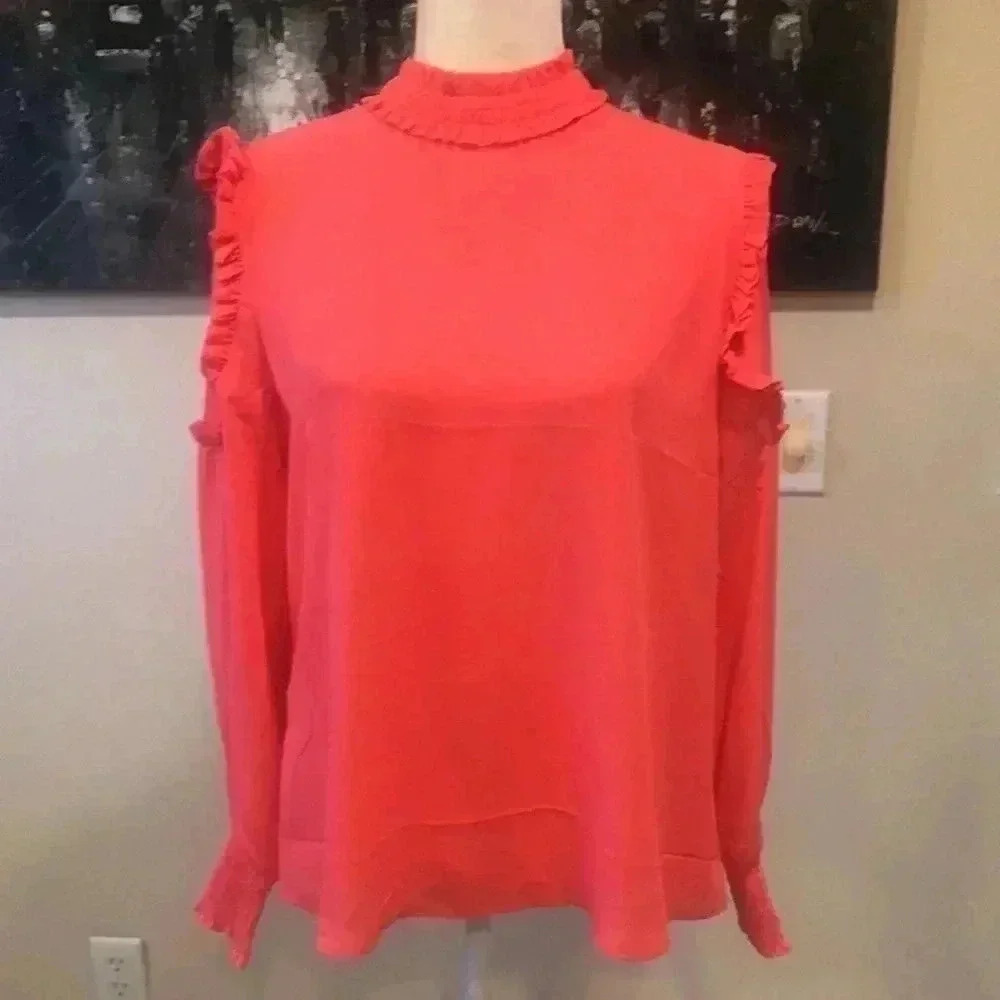 CATHERINE MALANDRINO Watermelon Colored High Neck Long Ruffled Accents-M